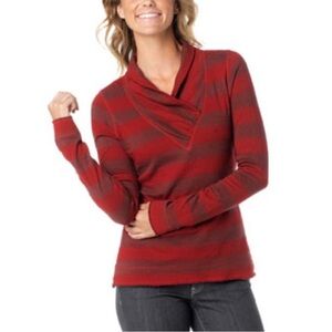 Prana Ivona Red Striped Sweater V Neck Raw Hem Thick Material
